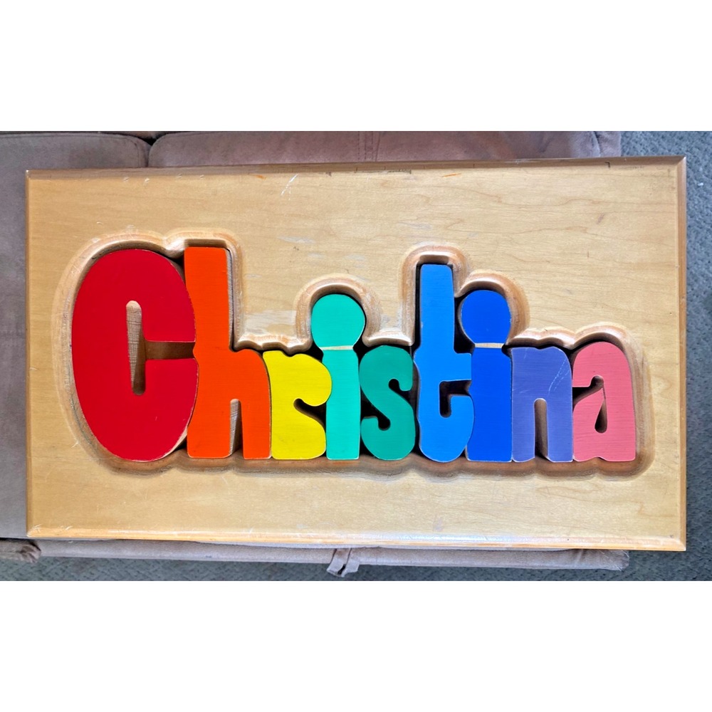 Vintage Handcrafted Wood Child's Name Puzzle Stool Personalized "Christina"